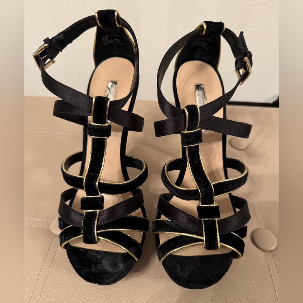H by Halston Black Strappy Heels with Gold Heel Size 8.5